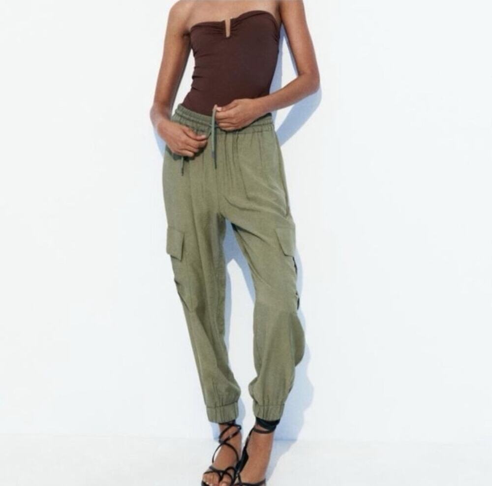 Zara Olive Green Satin Cargo Jogger Pants Size L Utility Drawstring